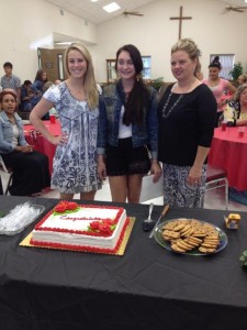 Hannah Cline, Lexie Brzozowski, and Tammy Herrera, three of our graduates enjoying the reception for them on Graduate Recognition Sunday, May 31.  Hannah received a Master's from UTMB, Lexie will graduate from Brazos High School on June 5, and Tammy received a Master's from Lamar University.  Not pictured is Matthew Grissom who earned a Bachelor's in Business Administration from the University of Houston.