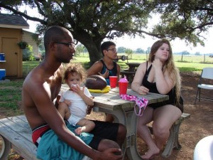 Keith, Aubrey, Paul, and Nicole take time out from swimming on Rally Day Saturday.